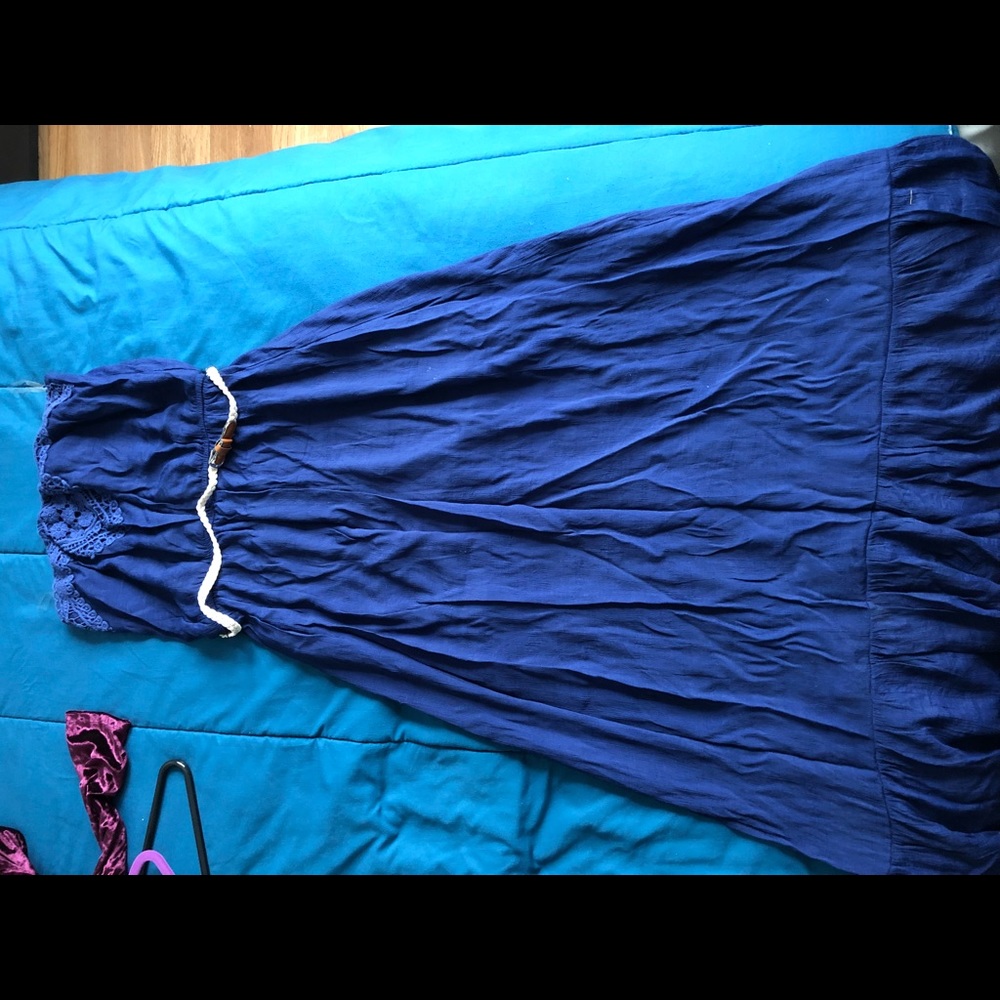 Navy long strapless dress